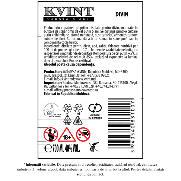 KVINT VSOP 6 ANI 40% 0,7L - Image 2