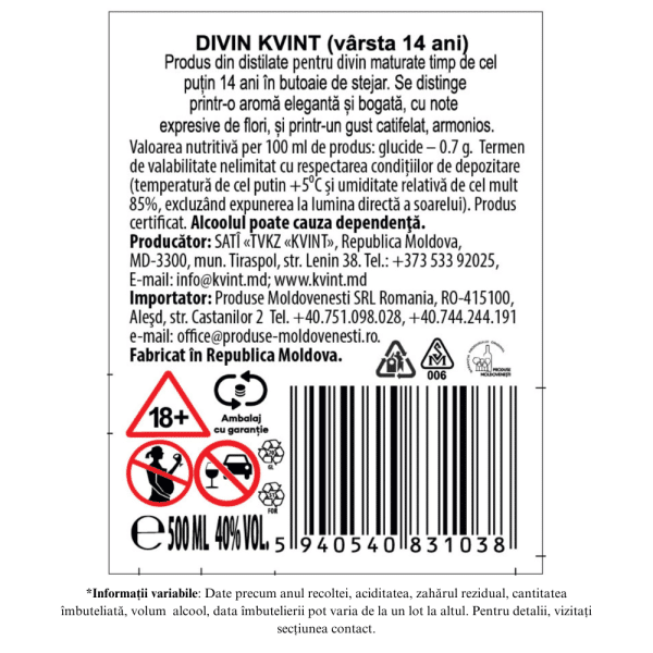 Kvint XO 14 Ani - Coniac Moldovenesc 40% în cutie premium 0,5L - Image 2