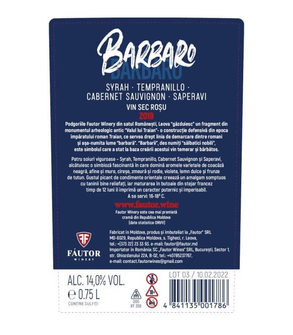 Vin rosu sec, Barbaro, Fautor Winery, 0.75L - Image 2