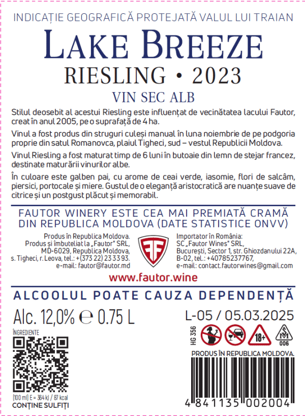 Vin alb sec, Riesling, LTD Lake Breeze, Fautor, 0.75L - Image 2
