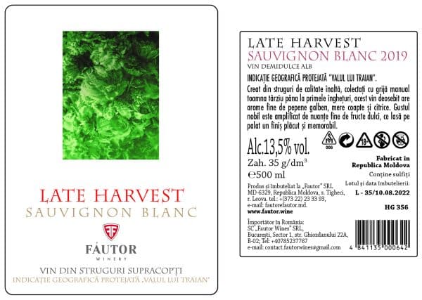 Vin alb dulce, Late Harvest Sauvignon Blanc, Fautor, 0.5L - Image 2