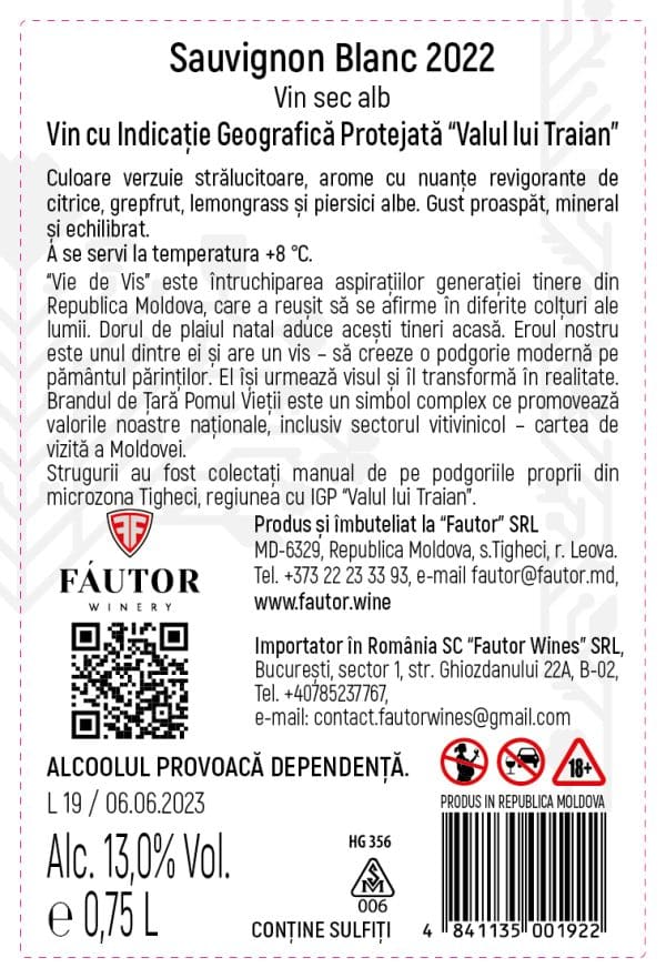 Vin alb sec, Sauvignon Blanc, Vie de vis, Fautor, 0.75L - Image 2