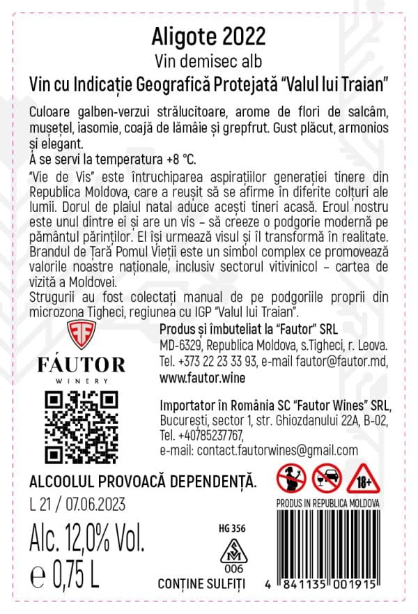 Vin alb demisec, Aligote, Vie de vis, Fautor, 0.75L - Image 2