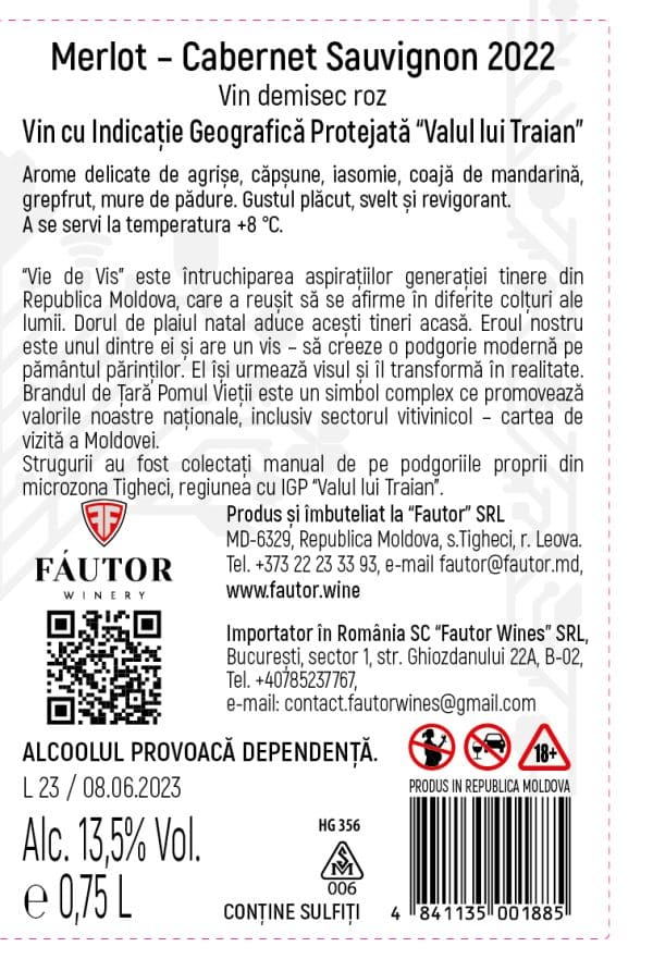 Vin rose demisec, Merlot - Cabernet Sauvignon, Vie de vis, Fautor, 0.75L - Image 2