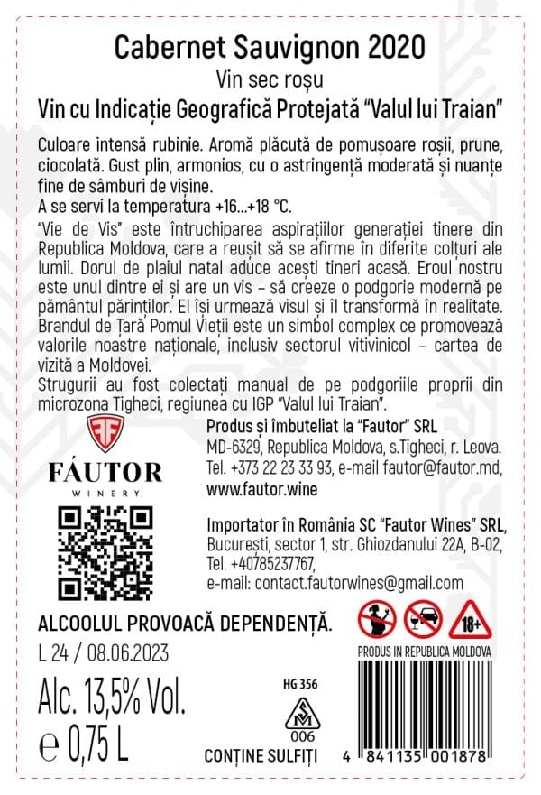 Vin rosu sec, Cabernet Sauvignon, Vie de vis, Fautor, 0.75L - Image 2
