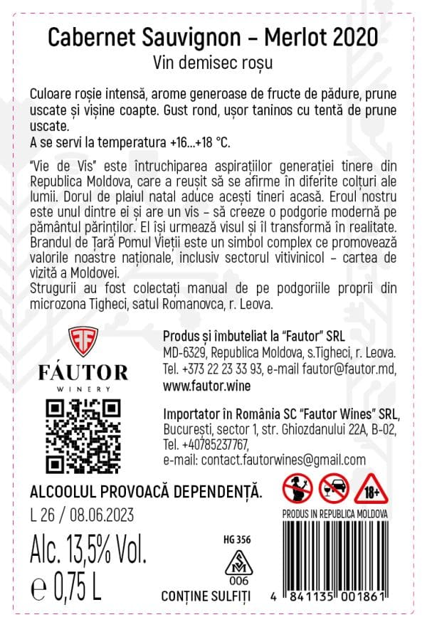 Vin rosu demisec, Cabernet Sauvignon - Merlot, Vie de vis, Fautor, 0.75L - Image 2