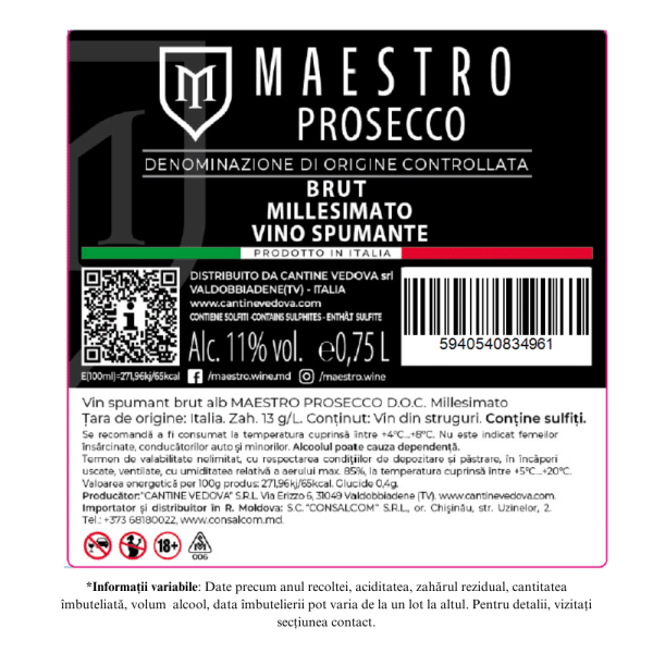 Vin spumant Maestro Prosecco Millesimato Doc Brut 0.75L - Image 2