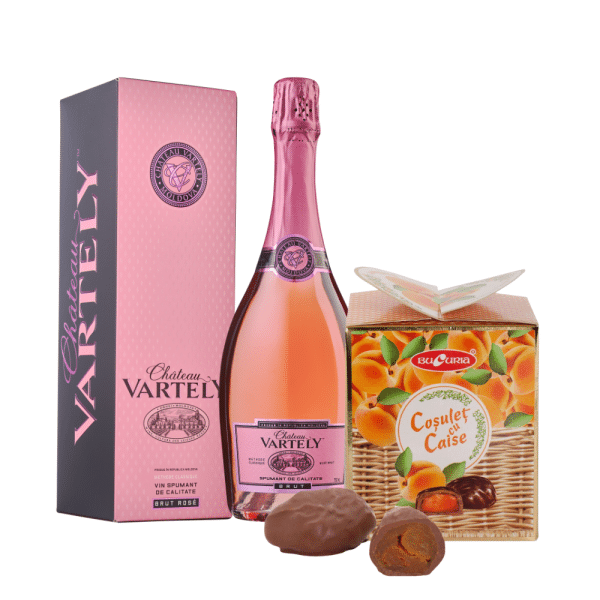 Pachet Vin spumant clasic rose brut Chateau_Vartely 0,75L + Bomboane Bucuria Coșuleț cu Caise 200 gr