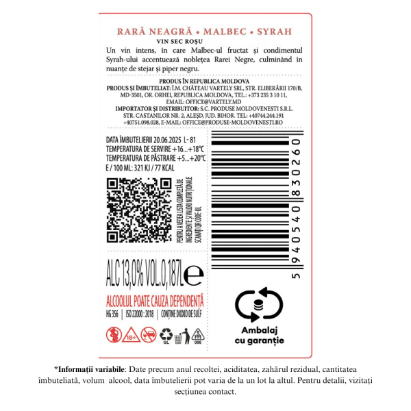 Chateau Vartely Individo Rara Neagra, Malbec, Syrah - Vin Roșu Sec 0.187L - Image 2