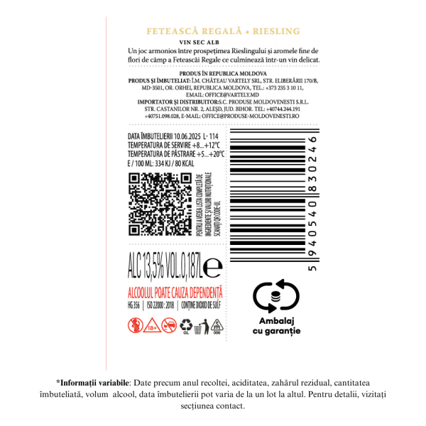 Chateau Vartely Individo Feteasca Regala & Riesling: Vin Alb Sec 0.187L - Image 2