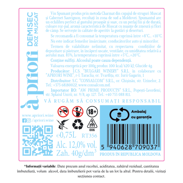 Vin Spumant demisec rose APRIORI MUSCAT 0,75L - Image 2