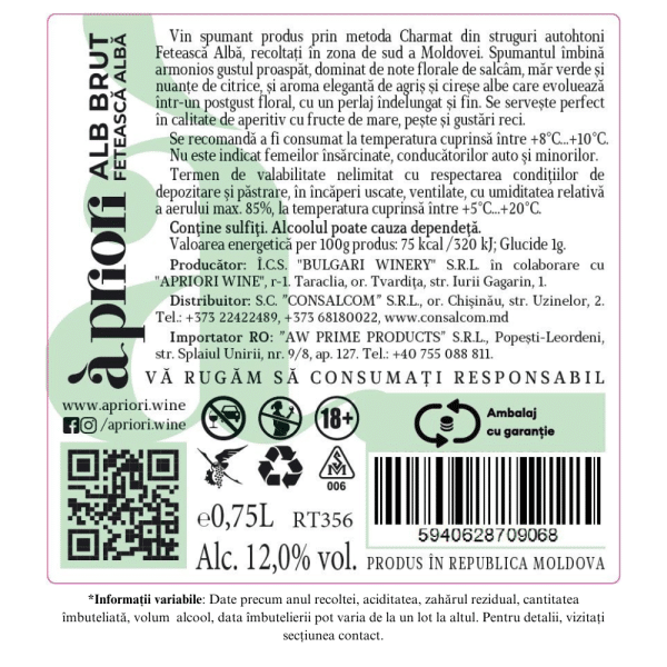 Vin Spumant Brut alb APRIORI FETEASCA ALBA 0,75L - Image 2