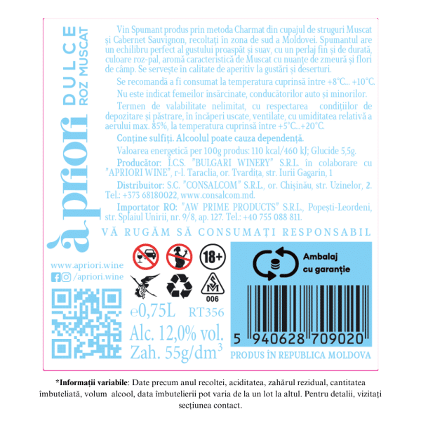 Vin spumant dulce rose Muscat Apriori 0,75L - Image 2