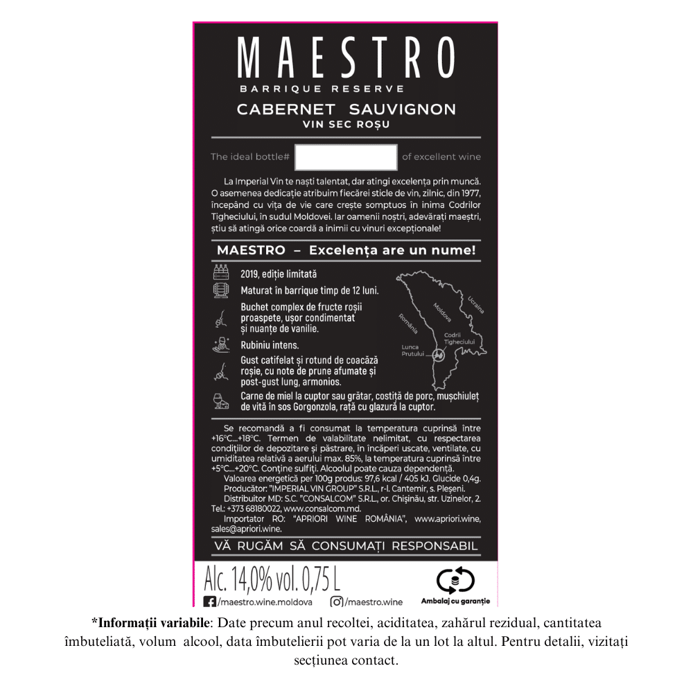 Vin rosu sec APRIORI MAESTRO Cabernet Sauvignon 0,75L - Image 2