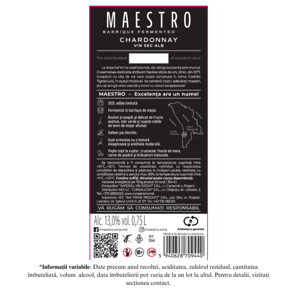 Vin alb sec APRIORI MAESTRO Chardonnay 0,75L - Image 2