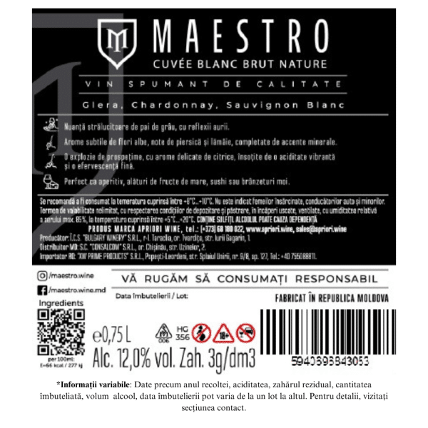 Vin spumant brut natur alb Apriori Maestro Cuvee Blanc 0,75L - Image 2