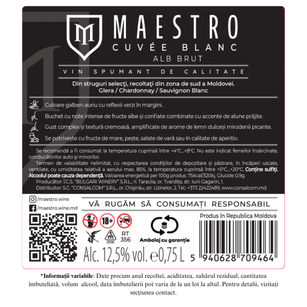 Vin Spumant Brut alb APRIORI MAESTRO Cuvee Blanc 0,75L - Image 2