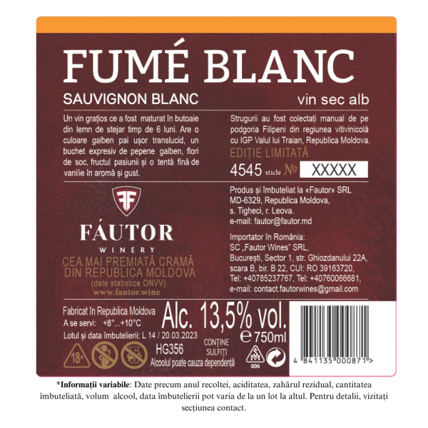 Vin alb sec Fume Blanc, Fautor Winery, 0.75L - Image 2