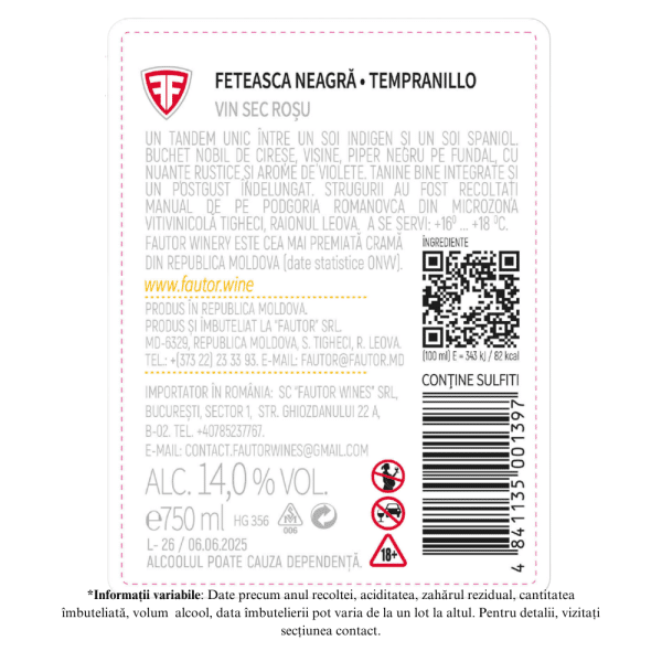 Vin rosu sec Feteasca Neagra & Tempranillo, Aurore, Fautor Winery 0.75L - Image 2