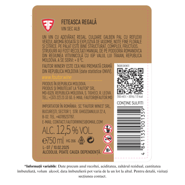 Vin alb sec, Feteasca Regala, Aurore, Fautor Winery, 0.75L - Image 2
