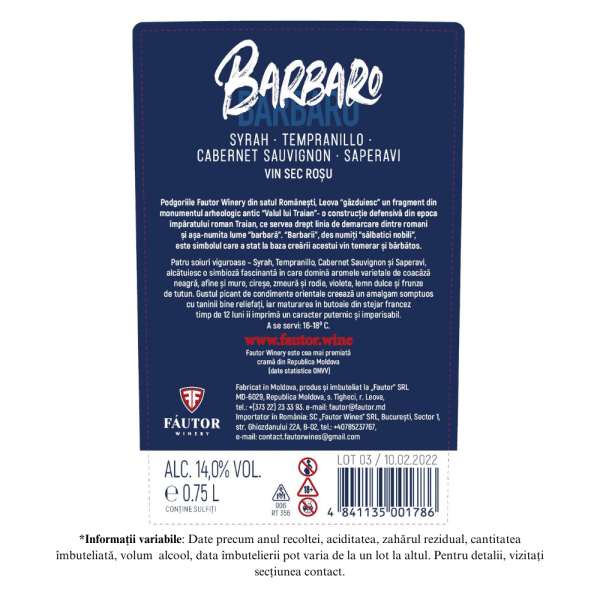 Vin rosu sec, Barbaro, Fautor Winery, 0.75L - Image 2