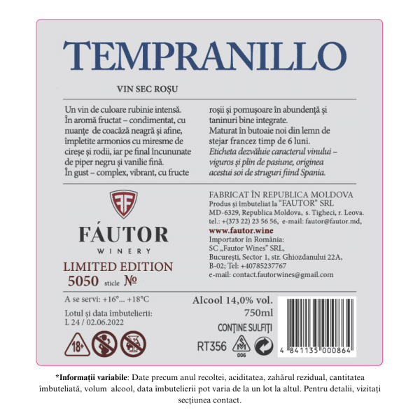 Vin rosu sec, Tempranillo, Fautor Winery, 0.75L - Image 2