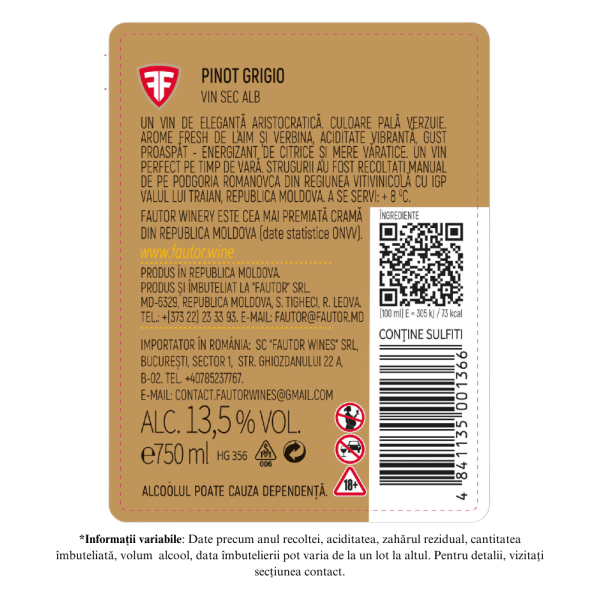Vin alb sec, Pinot Grigio, Aurore, Fautor Winery, 0.75L - Image 2