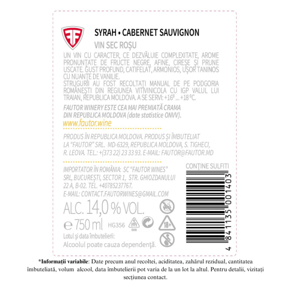 Vin rosu sec, Syrah - Cabernet Sauvignon, Aurore, Fautor Winery, 0.75L - Image 2