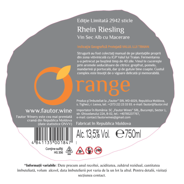 Vin alb sec, Orange, Rhein Riesling, Fautor Winery, 0.75l - Image 2
