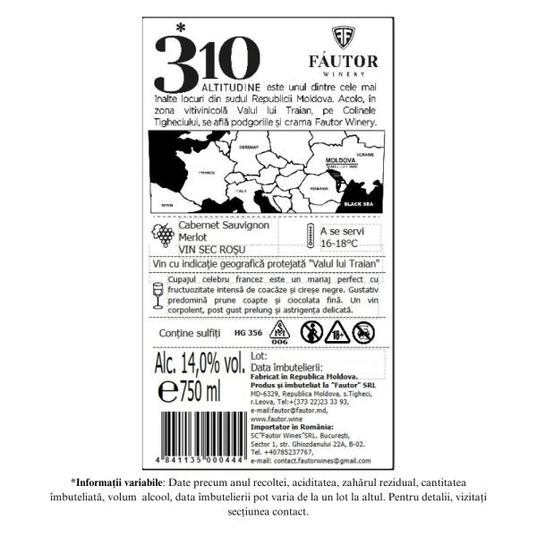 Vin rosu sec, Cabernet Sauvignon - Merlot, 310 Altitudine, Fautor Winery, 0.75L - Image 2