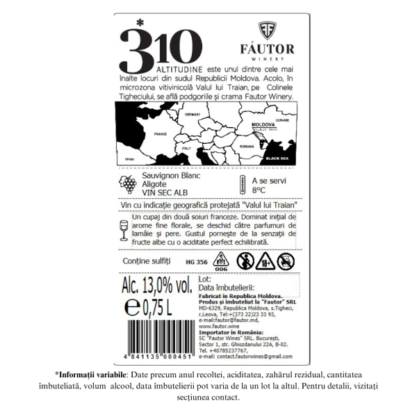 Vin alb sec, 310 Altitudine, Sauvignon Blanc - Aligote, Fautor Winery, 0.75L - Image 2