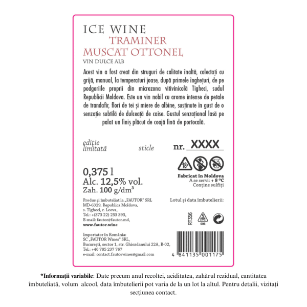 Vin alb dulce, Ice Wine Traminer - Muscat Ottonel, Fautor Winery 0.375L - Image 2