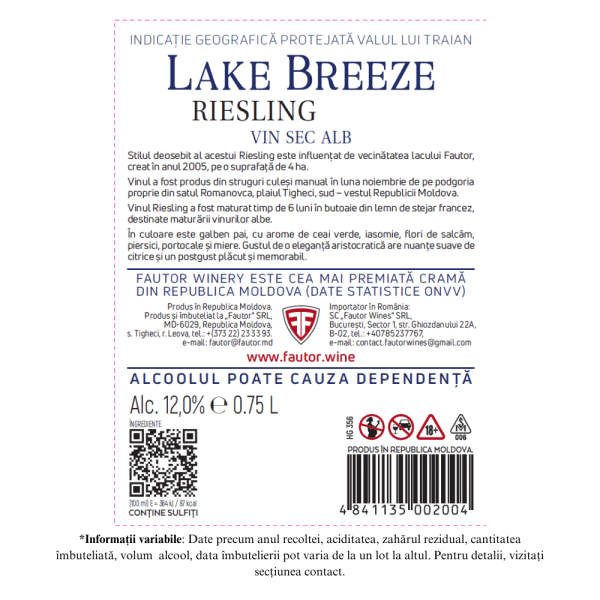 Vin alb sec, Riesling, LTD Lake Breeze, Fautor, 0.75L - Image 2