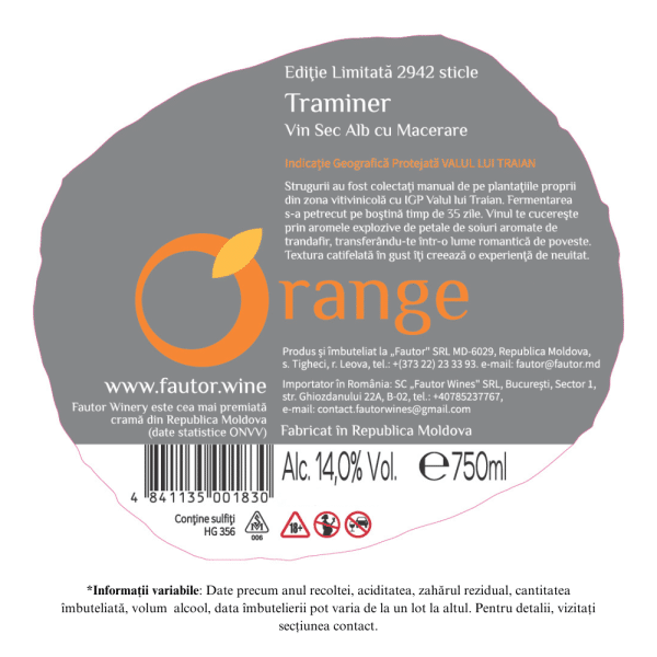 Vin alb sec, Orange, Traminer, Fautor, 0.75L - Image 2
