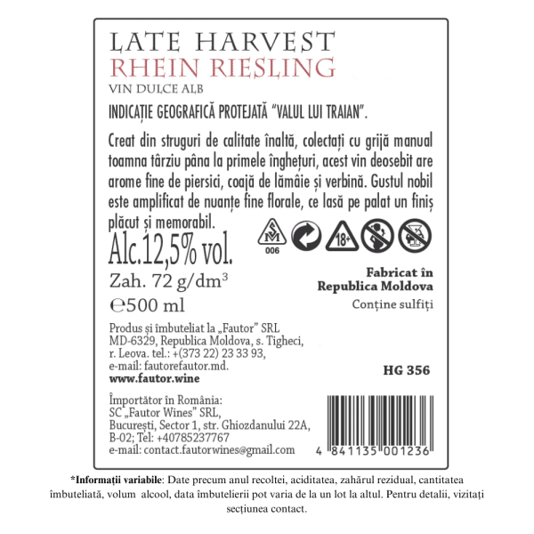 Vin alb dulce, Late Harvest Rhein Riesling, Fautor, 0.5L - Image 2