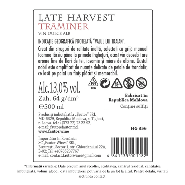 Vin alb dulce, Late Harvest Traminer, Fautor, 0.5L - Image 2