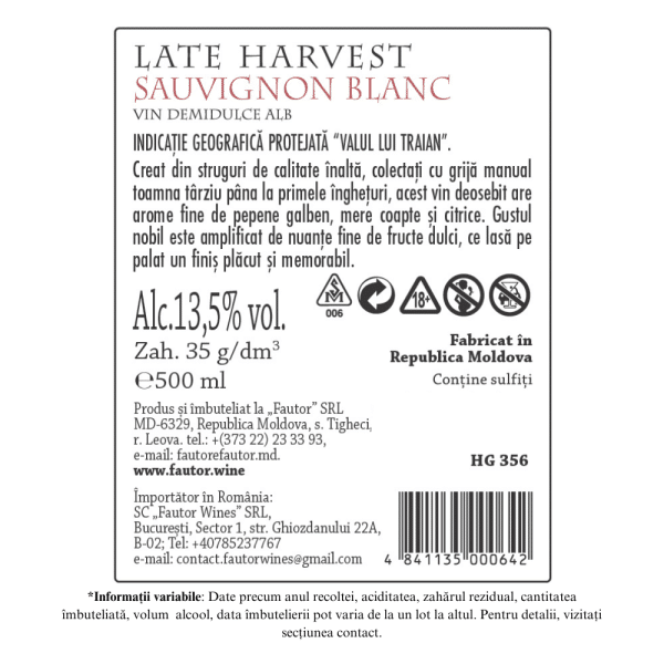 Vin alb dulce, Late Harvest Sauvignon Blanc, Fautor, 0.5L - Image 2
