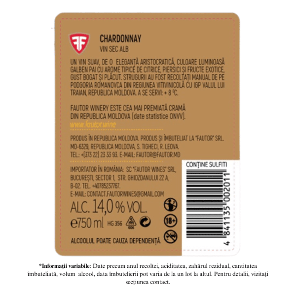 Vin alb sec, Chardonnay, Aurore, Fautor, 0.75L - Image 2