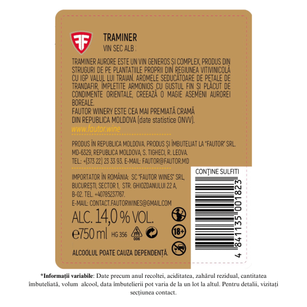 Vin alb sec, Traminer, Aurore, Fautor, 0.75L - Image 2