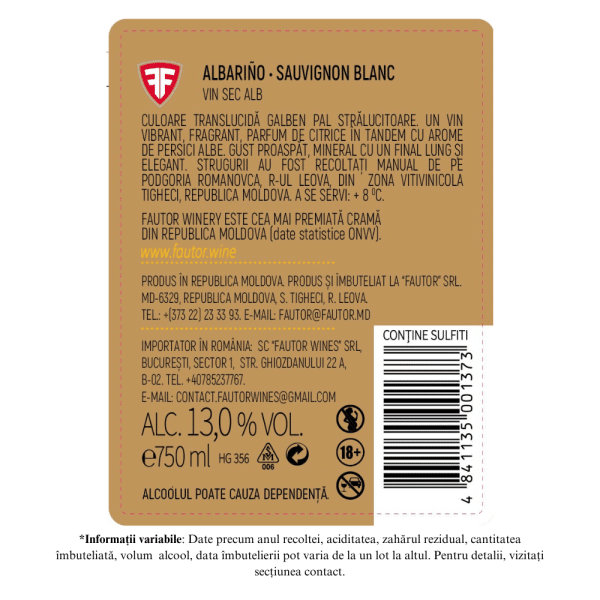 Vin alb sec, Albarino - Sauvignon Blanc, Aurore, Fautor, 0.75L - Image 2