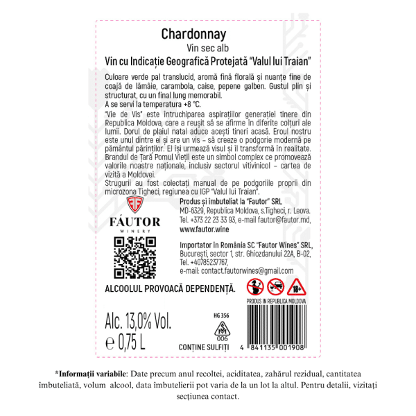 Vin alb sec, Chardonnay, Vie de vis, Fautor, 0.75L - Image 2