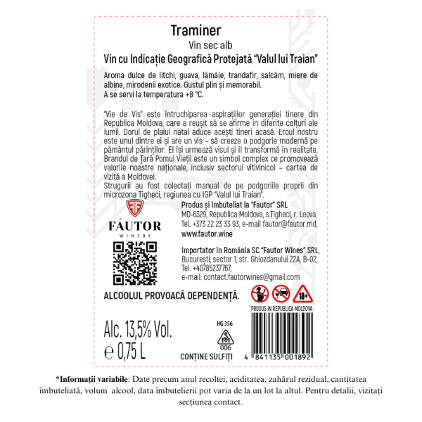 Vin alb sec, Traminer, Vie de vis, Fautor, 0.75L - Image 2