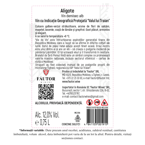 Vin alb demisec, Aligote, Vie de vis, Fautor, 0.75L - Image 2