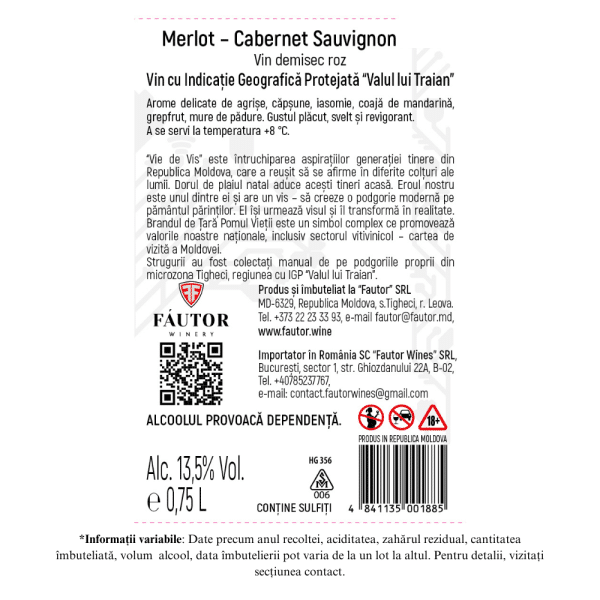Vin rose demisec, Merlot - Cabernet Sauvignon, Vie de vis, Fautor, 0.75L - Image 2