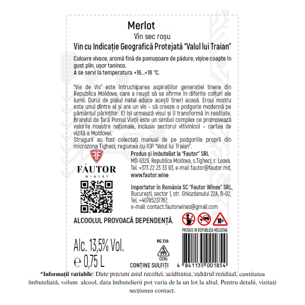 Vin rosu sec, Merlot, Vie de vis, Fautor, 0.75L - Image 2