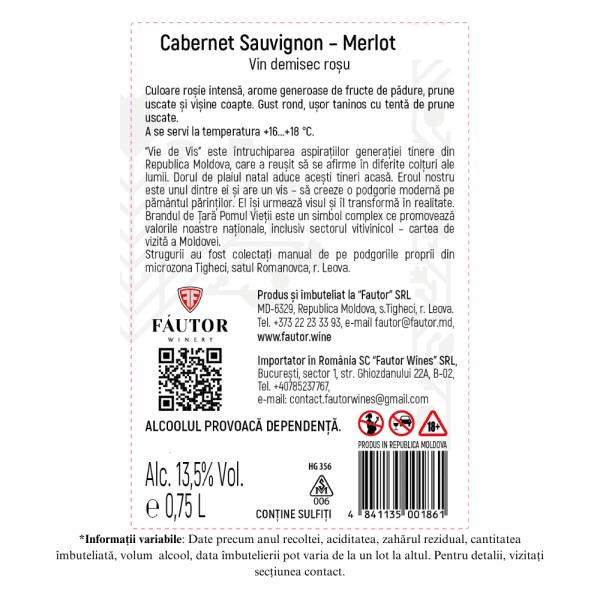 Vin rosu demisec, Cabernet Sauvignon - Merlot, Vie de vis, Fautor, 0.75L - Image 2