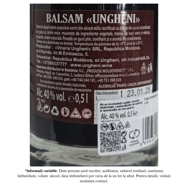 Balsam UNGHENI Digestiv cu Extract Natural de Plante 40% 0,5L - Image 2