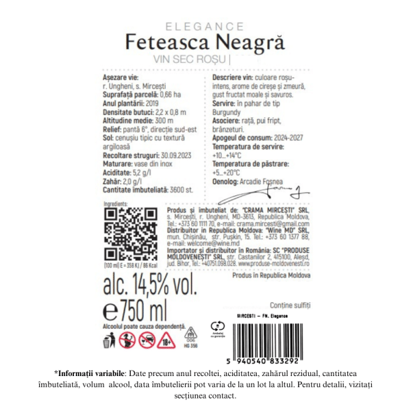 Vin Roșu Sec, Fetească Neagră, Elegance, Crama Mircești, 0,75L - Image 2