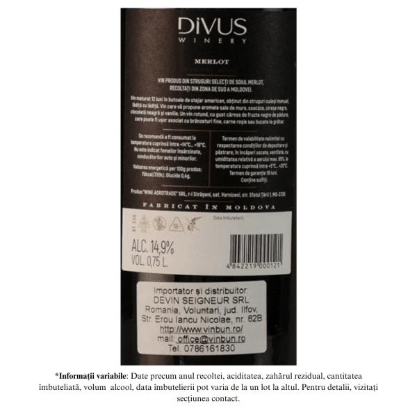 Vin Rosu Sec DIVUS Winery Merlot - Image 2