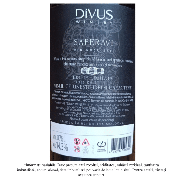 Vin Rosu Sec, Saperavi DIVUS Winery 0,75L - Image 2